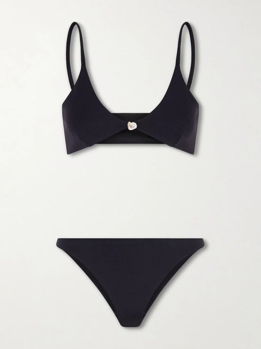Image of Swimwear. Product name - Luna Pearl-embellished Bikini in Black colour by brand - Sara Cristina