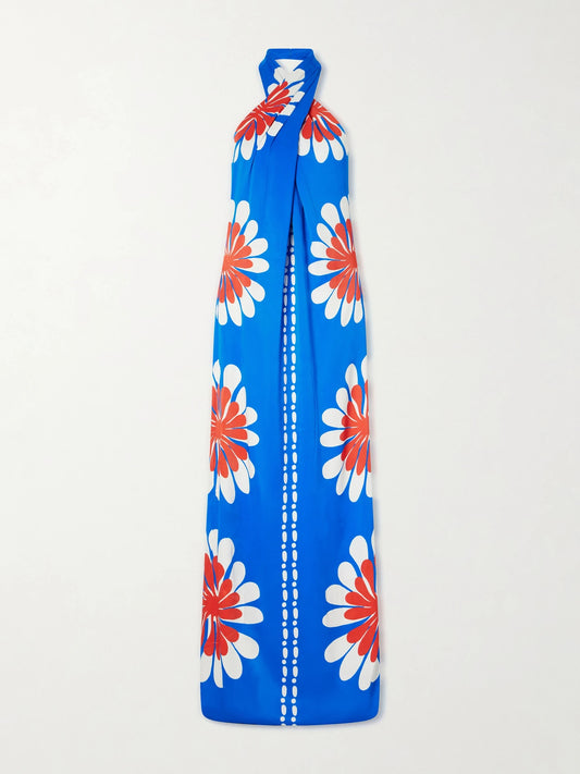 Image of Dresses. Product name - Oliviera Floral-print Satin Halterneck Maxi Dress in Blue colour by brand - Cala de la Cruz