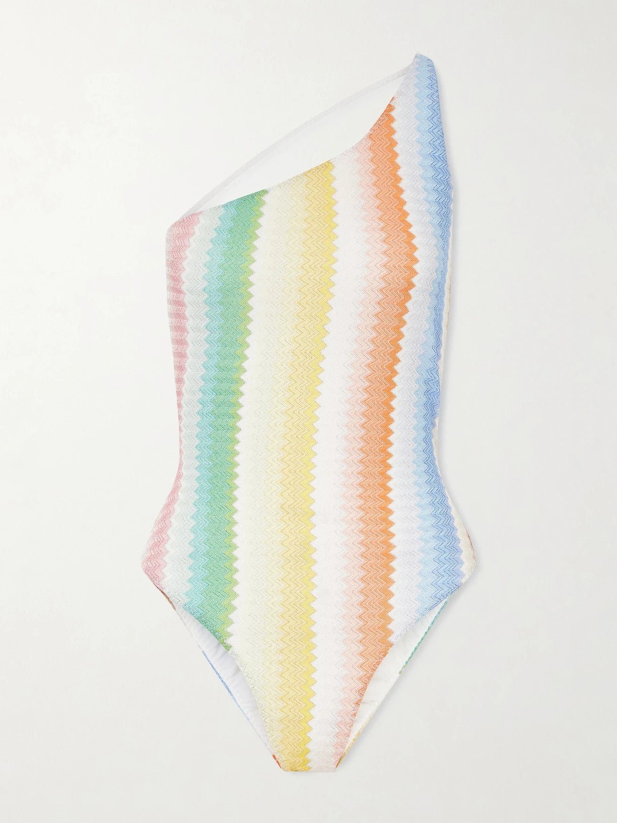 Image of Swimwear. Product name - Mare One-shoulder Striped Metallic Crochet-knit Swimsuit in Multi colour by brand - Missoni