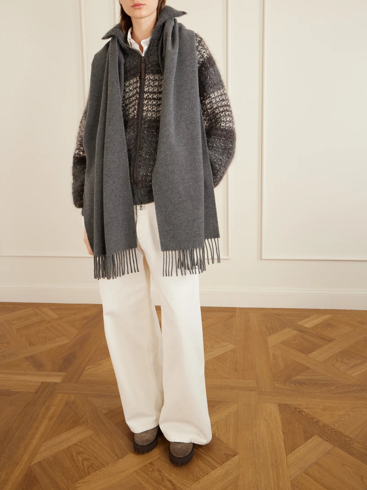 Image of Scarves & Shawls. Product name - Fringed Cashmere Scarf in Gray colour by brand - Brunello Cucinelli