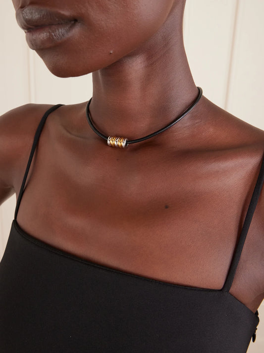 Image of Necklaces. Product name - Hollyhock Beaded Gold And Silver-toned Leather Necklace in Multi colour by brand - Déhanche