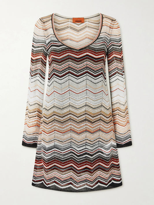 Image of Dresses. Product name - Mare Sequin-embellished Striped Metallic Crochet-knit Mini Dress in Multi colour by brand - Missoni