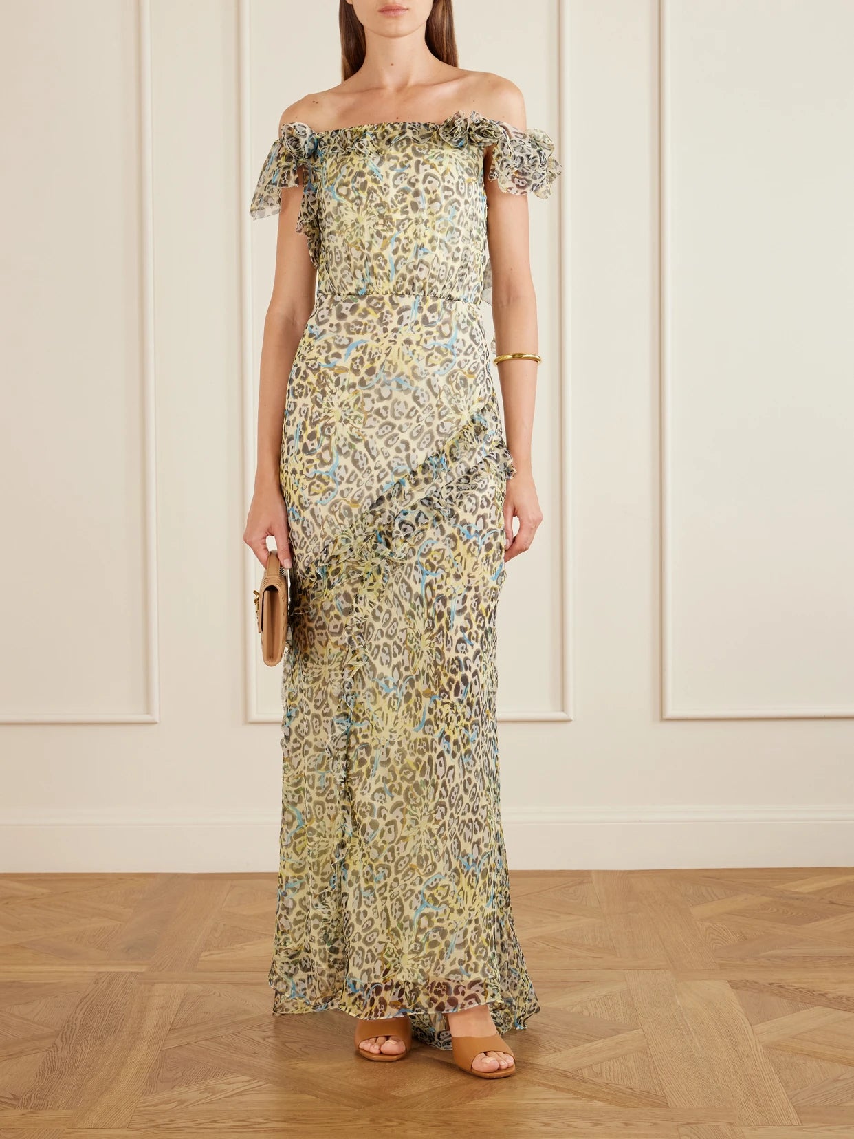 Image of Dresses. Product name - Nina Off-the-shoulder Ruffled Printed Silk Gown in Leopard print colour by brand - Saloni