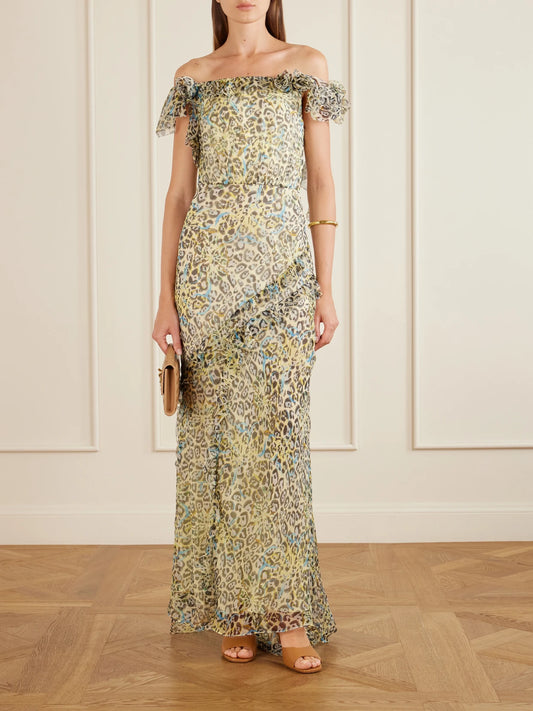 Image of Dresses. Product name - Nina Off-the-shoulder Ruffled Printed Silk Gown in Leopard print colour by brand - Saloni