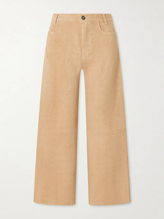 Image of a model wearing Pants. Product name - Lilou Cropped Suede Wide-leg Pants in Beige colour by brand - STOULS