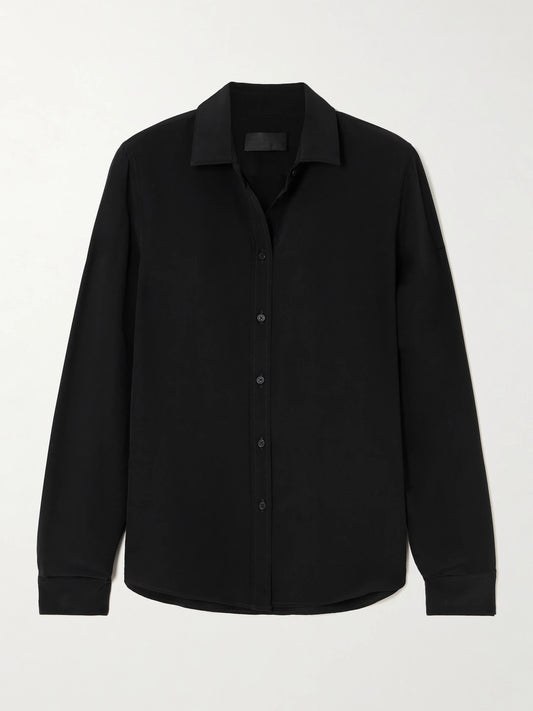 Image of a model wearing Tops. Product name - Gaia Silk Crepe De Chine Shirt in Black colour by brand - Nili Lotan