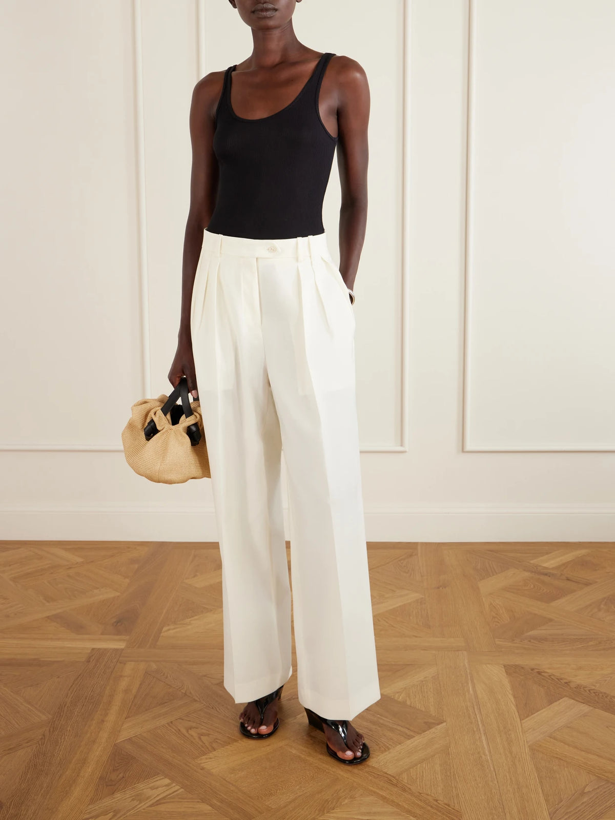 NEOUS Leather-trimmed Raffia Shoulder Bag