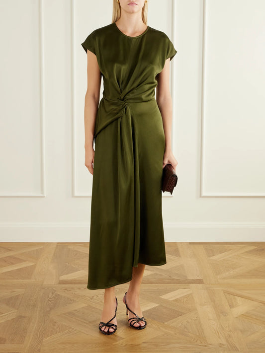 Image of Dresses. Product name - Aria Draped Asymmetric Satin Midi Dress in Army green colour by brand - Victoria Beckham