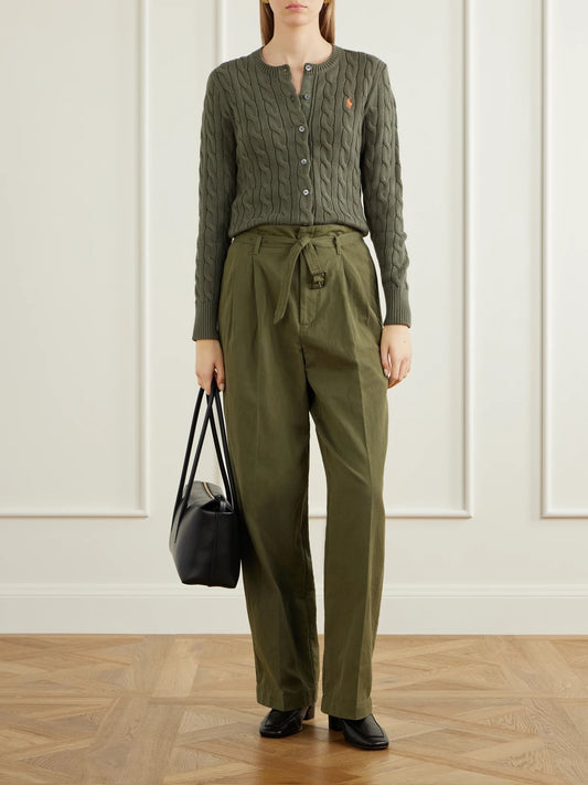 Image of a model wearing Outerwear. Product name - Cable-knit Cotton Cardigan in Army green colour by brand - Polo Ralph Lauren