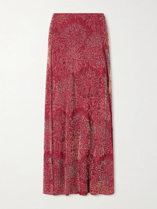 Image of a model wearing Skirts. Product name - Embellished Crepe Maxi Skirt in Red colour by brand - RABANNE