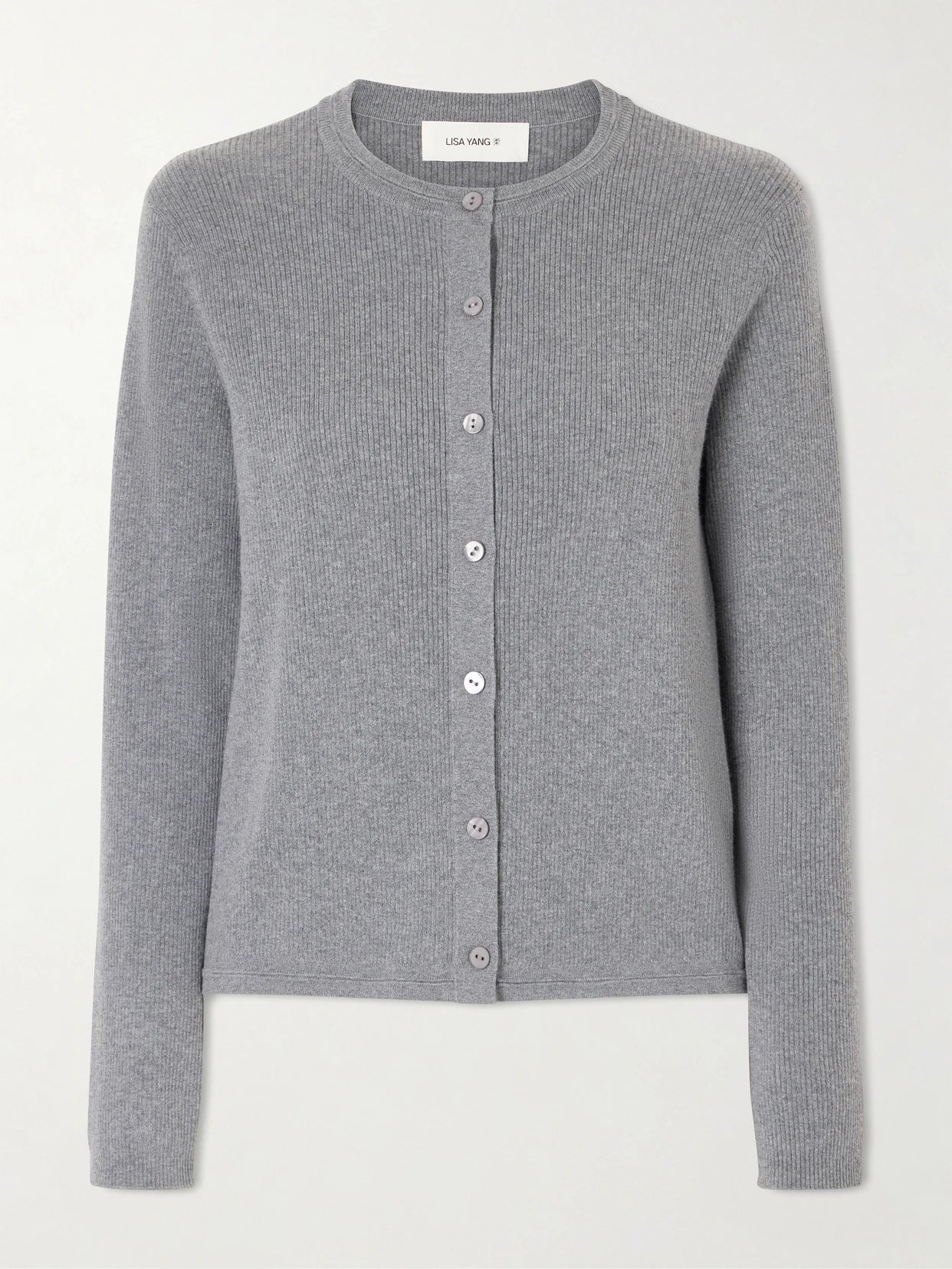 Image of a model wearing Outerwear. Product name - Abeena Ribbed Cotton And Cashmere-blend Cardigan in Light gray colour by brand - LISA YANG
