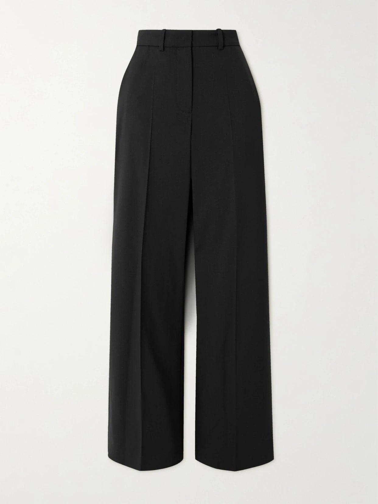 Image of a model wearing Pants. Product name - Morissey Pleated Stretch-wool Twill Straight-leg Pants in Black colour by brand - Joseph