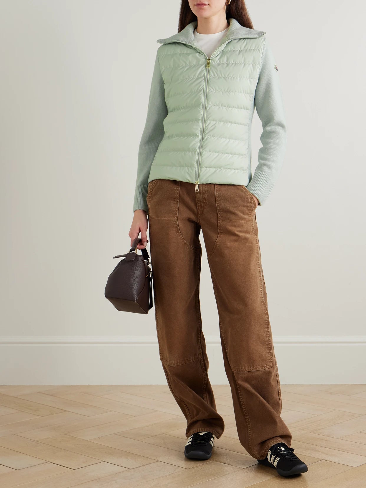 Image of Coats & Jackets. Product name - Wool And Padded Quilted Shell Down Cardigan in Sage green colour by brand - Moncler