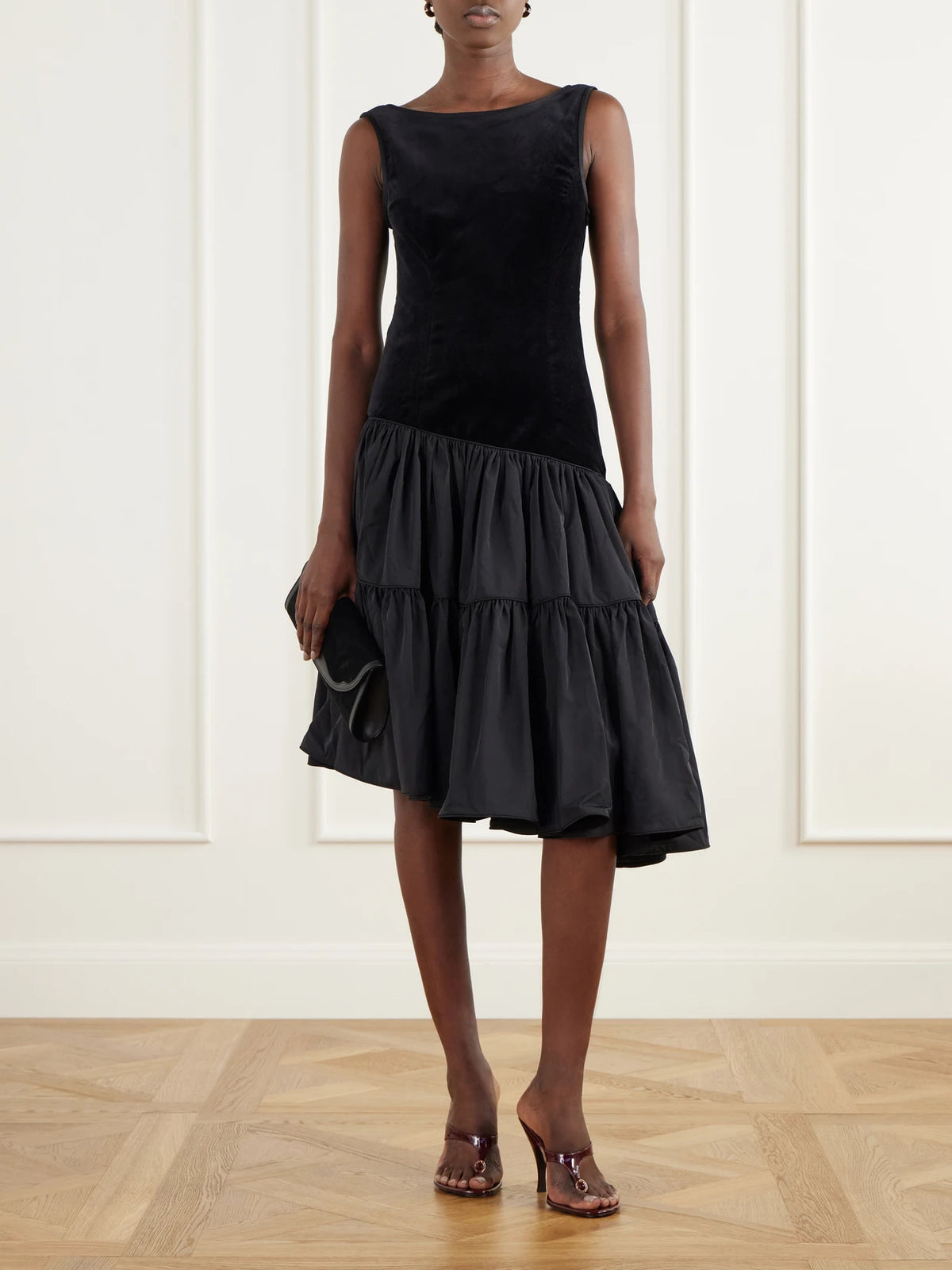 Image of Dresses. Product name - Dean Asymmetric Tiered Cotton-velvet Midi Dress in Black colour by brand - Posse