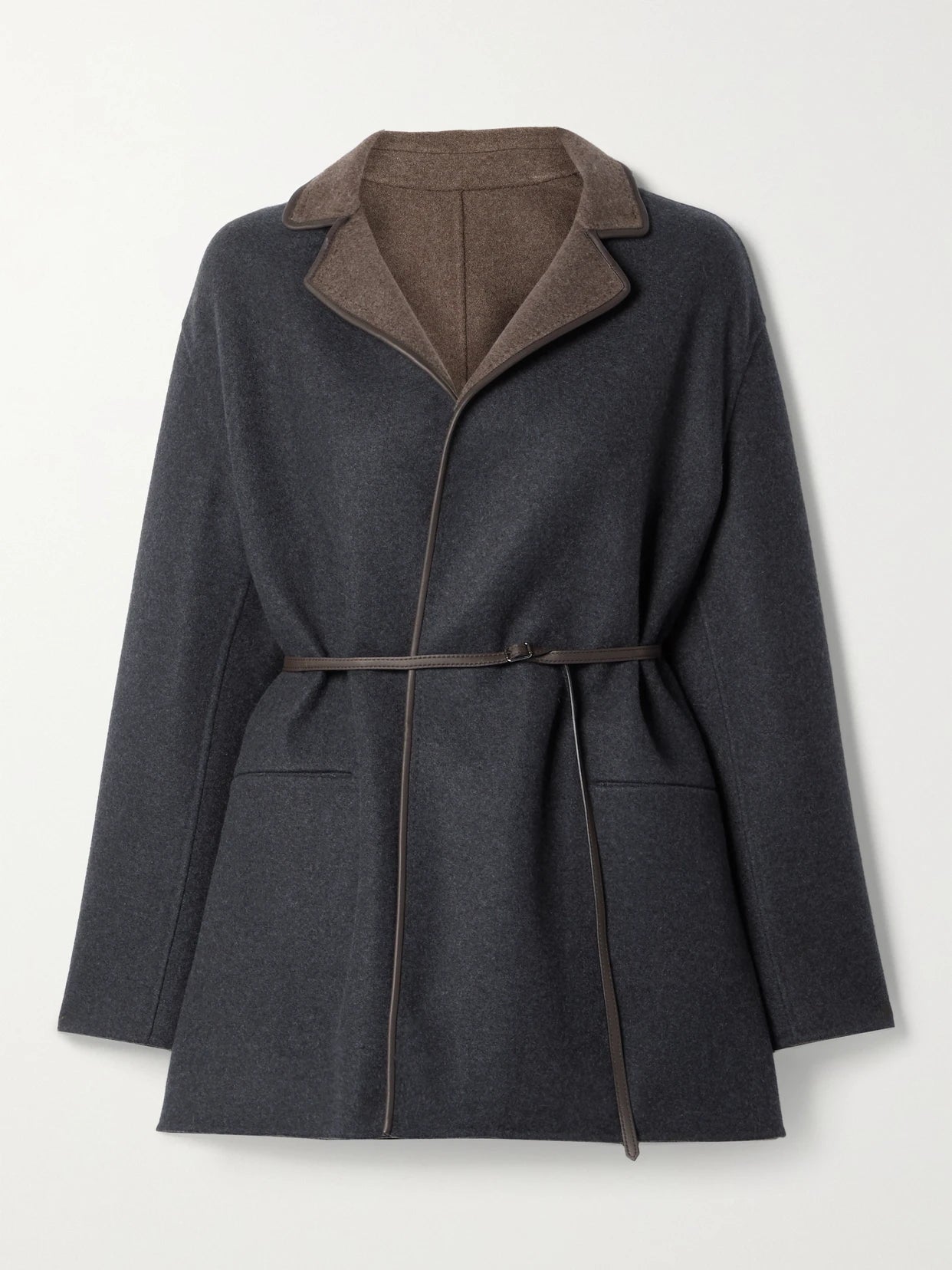 Image of Coats & Jackets. Product name - Jimi Reversible Belted Leather-trimmed Cashmere-blend Jacket in Charcoal colour by brand - Loro Piana