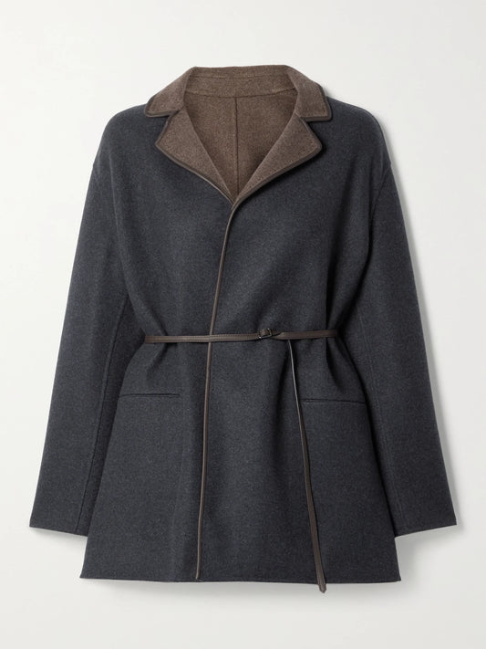Image of Coats & Jackets. Product name - Jimi Reversible Belted Leather-trimmed Cashmere-blend Jacket in Charcoal colour by brand - Loro Piana