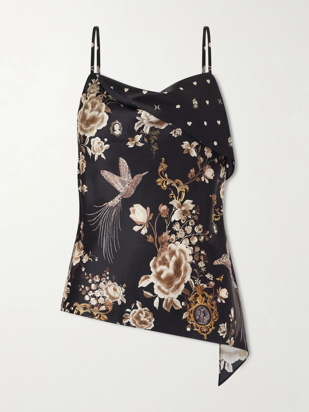 Asymmetric Draped Embellished Embroidered Printed Silk-satin Top