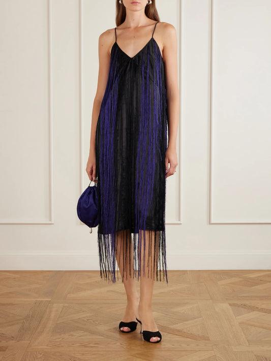 Image of Dresses. Product name - Katia Fringed Satin-twill Midi Dress in Black colour by brand - Sharon Wauchob