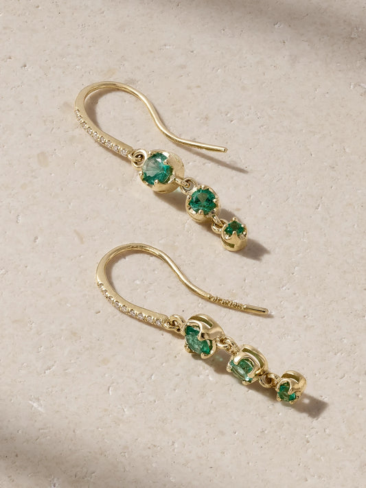 3 Graduated Illusion 18-karat Gold, Emerald And Diamond Earrings