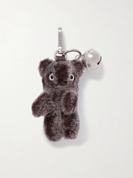 Silver-tone Leather-trimmed Shearling Keychain