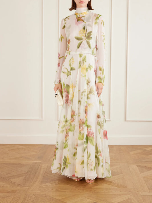 Image of Dresses. Product name - Chiné Dominican Floral-print Silk-chiffon Gown in White colour by brand - Oscar de la Renta