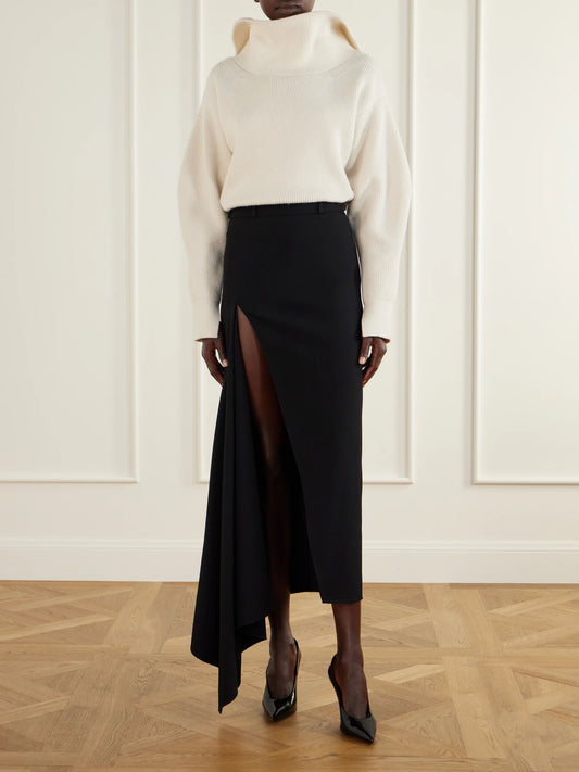 Image of a model wearing Skirts. Product name - Asymmetric Wool Midi Skirt in Black colour by brand - Givenchy