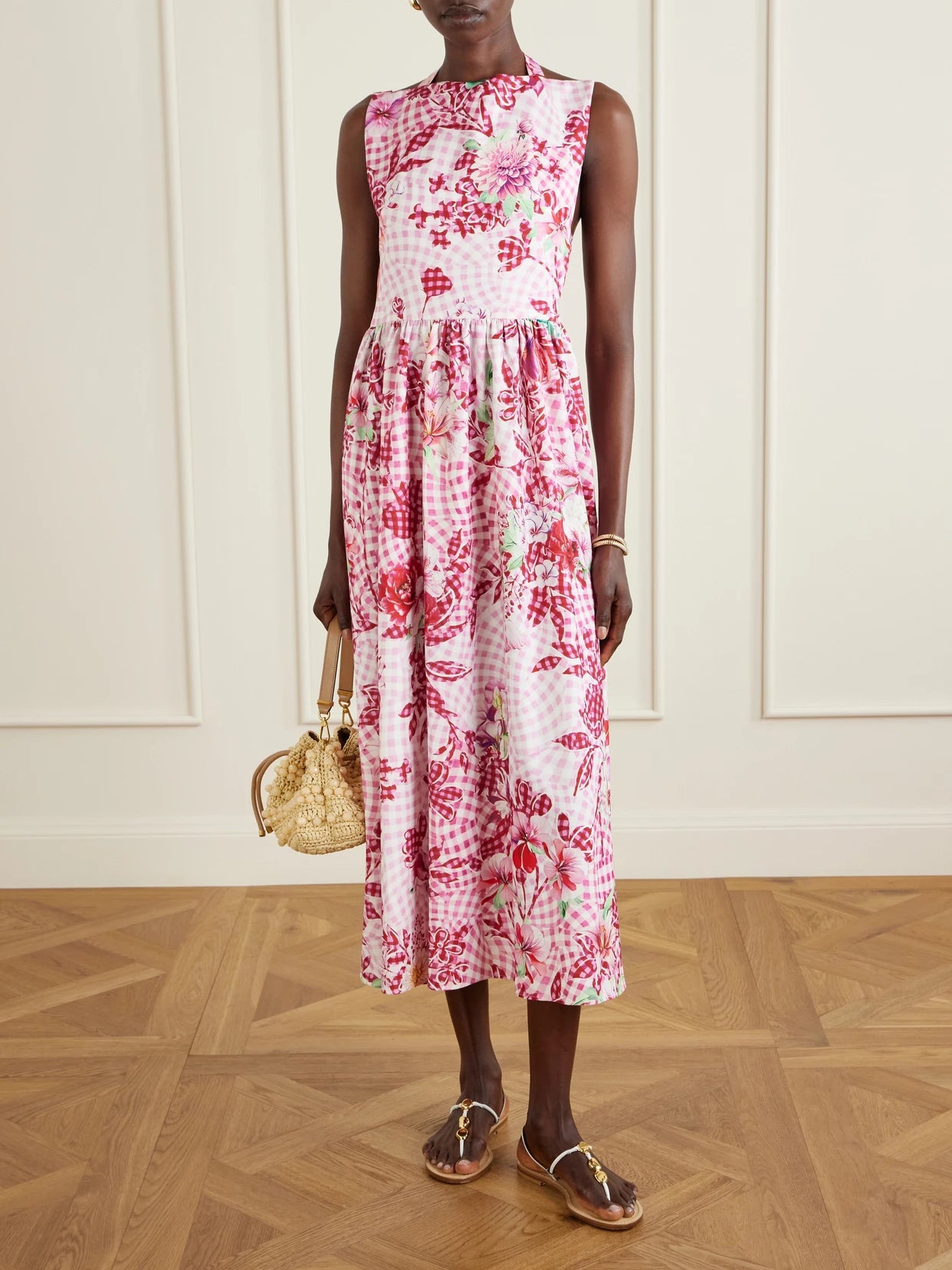 Image of Dresses. Product name - Alma Checked Floral-print Midi Dress in Pink colour by brand - Mary Katrantzou