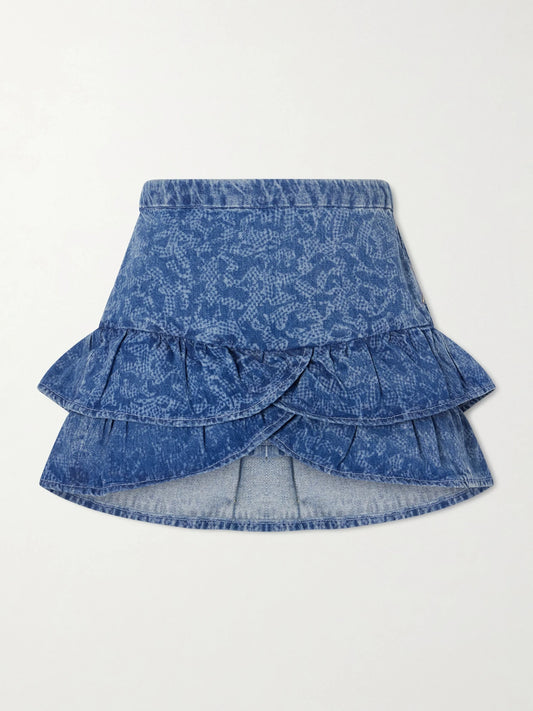 Image of a model wearing Skirts. Product name - Leyje Ruffled Printed Cotton Mini Skirt in Blue colour by brand - MARANT ÉTOILE