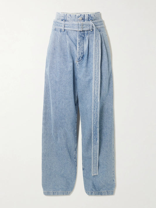 Image of Jeans. Product name - + Maria Mcmanus Corset Belted Pintucked High-rise Wide-leg Jeans in Mid denim colour by brand - AGOLDE