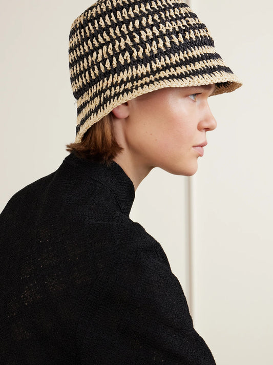 Image of Hats. Product name - Jonah Striped Straw Bucket Hat in Neutral colour by brand - Eugenia Kim