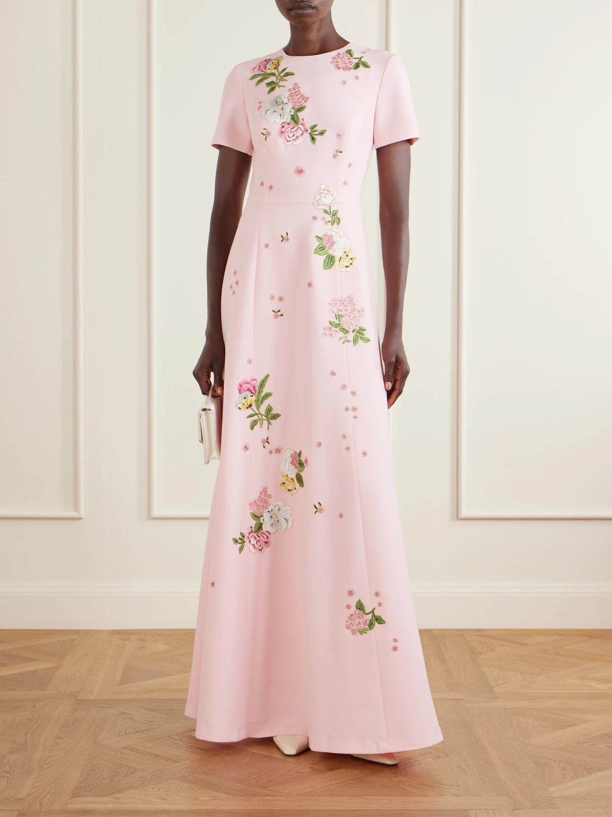Image of Dresses. Product name - Floral-embroidered Crepe Gown in Pink colour by brand - Carolina Herrera