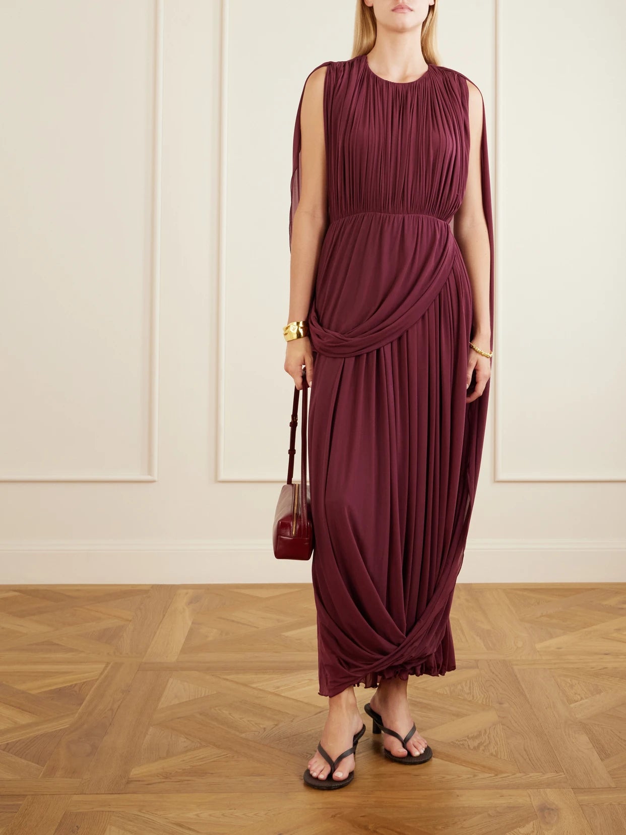 Image of Dresses. Product name - Kahlo Asymmetric Draped Crepe Dress in Burgundy colour by brand - FFORME
