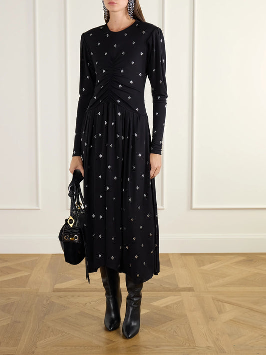 Image of Dresses. Product name - Mazia Embellished Ruched Jersey Midi Dress in Black colour by brand - ISABEL MARANT