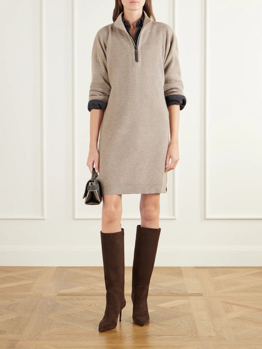 Image of Dresses. Product name - Bead-embellished Ribbed Wool Cashmere And Silk-blend Knitted Mini Dress in Beige colour by brand - Brunello Cucinelli
