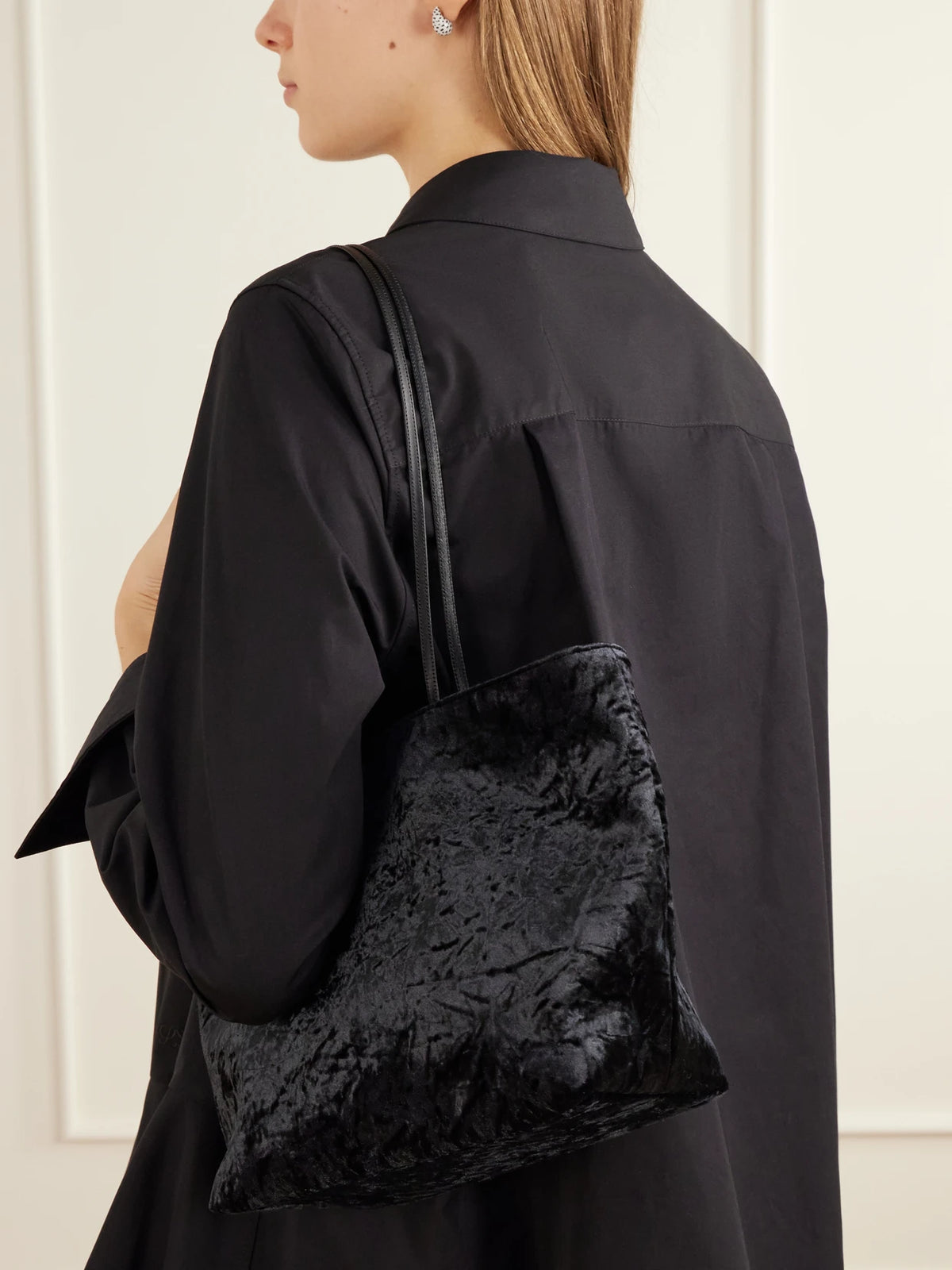 Image of Bags. Product name - Spaghetti Leather-trimmed Crushed-velvet Shoulder Bag in Black colour by brand - Valesque
