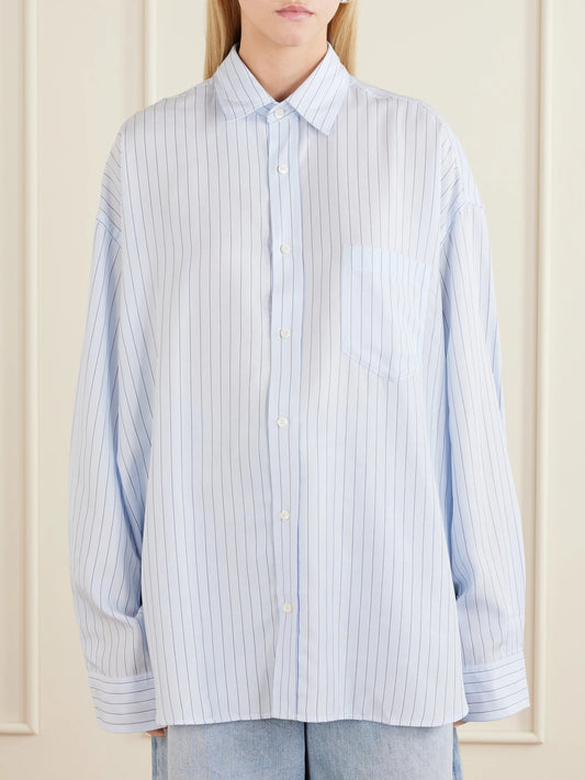 Image of a model wearing Tops. Product name - Soffia Striped Woven Shirt in Blue colour by brand - Acne Studios