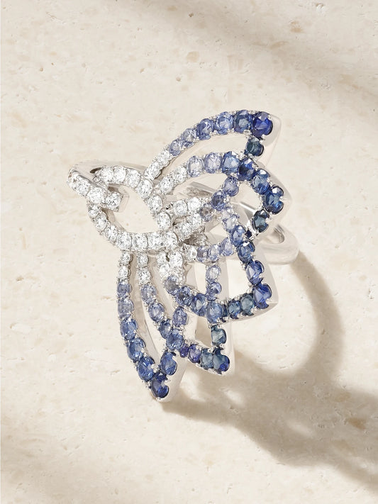Lotus Flower 18-karat White Gold, Sapphire And Diamond Ring