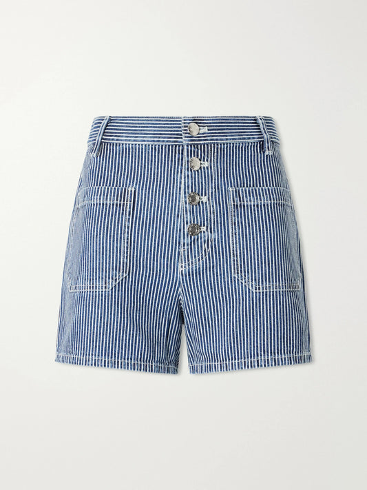 Image of a model wearing Shorts. Product name - Harley Striped Denim Shorts in Blue colour by brand - Nili Lotan