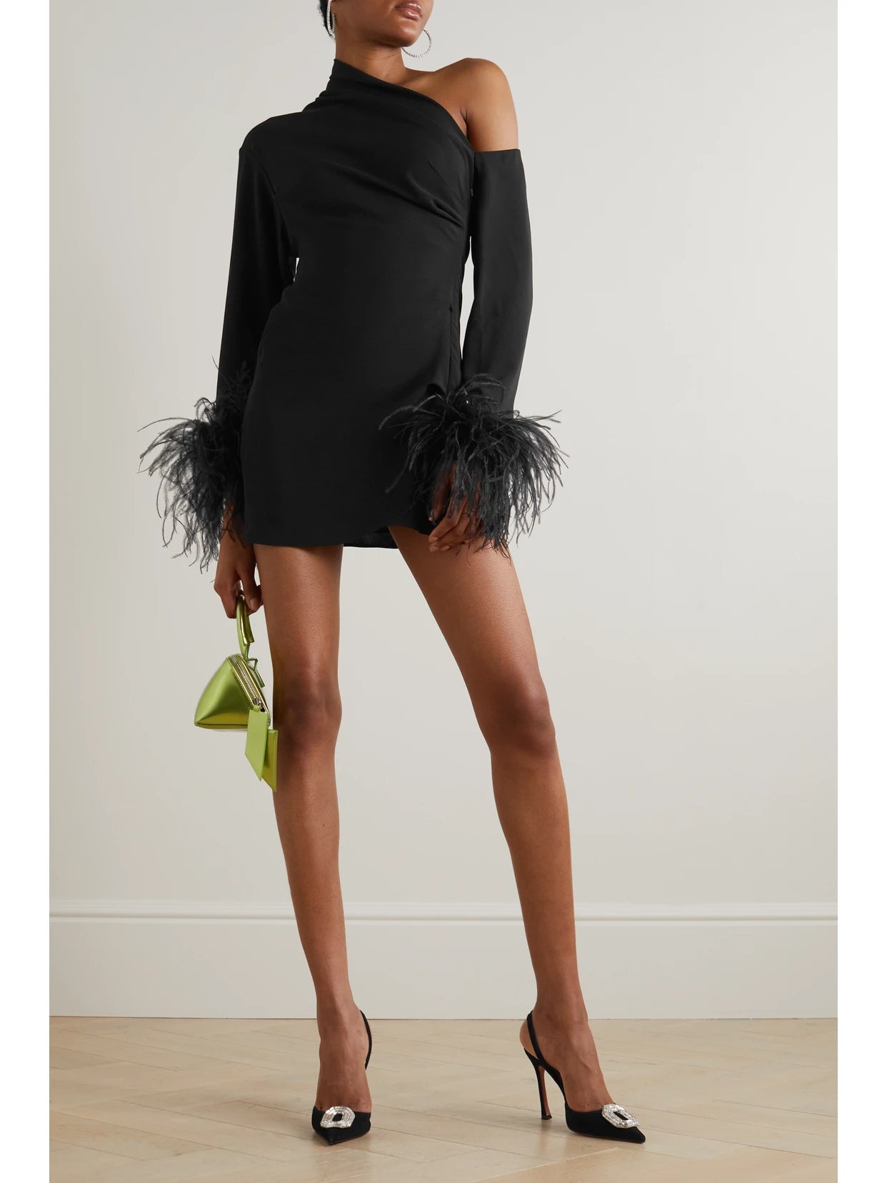 Image of Dresses. Product name - Adelaide One-shoulder Feather-trimmed Crepe Mini Dress in Black colour by brand - 16ARLINGTON