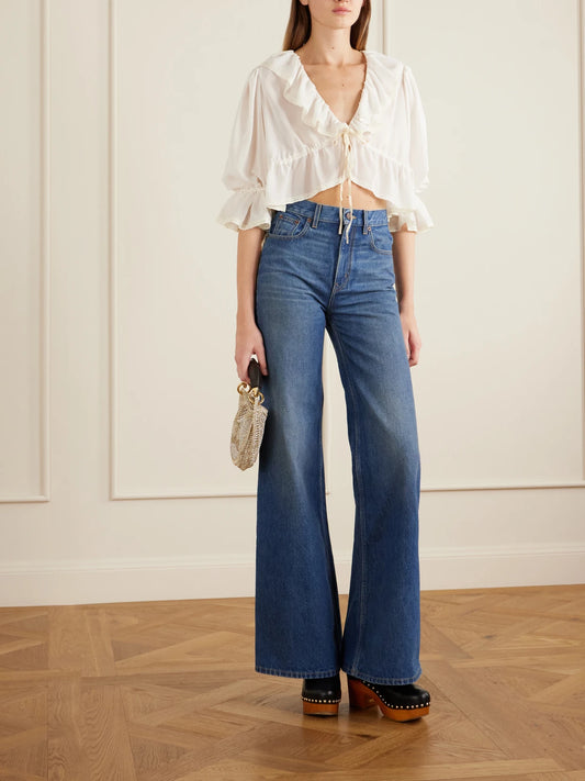 Image of a model wearing Tops. Product name - Lace-trimmed Ruffled Silk-georgette Blouse in White colour by brand - Chloé