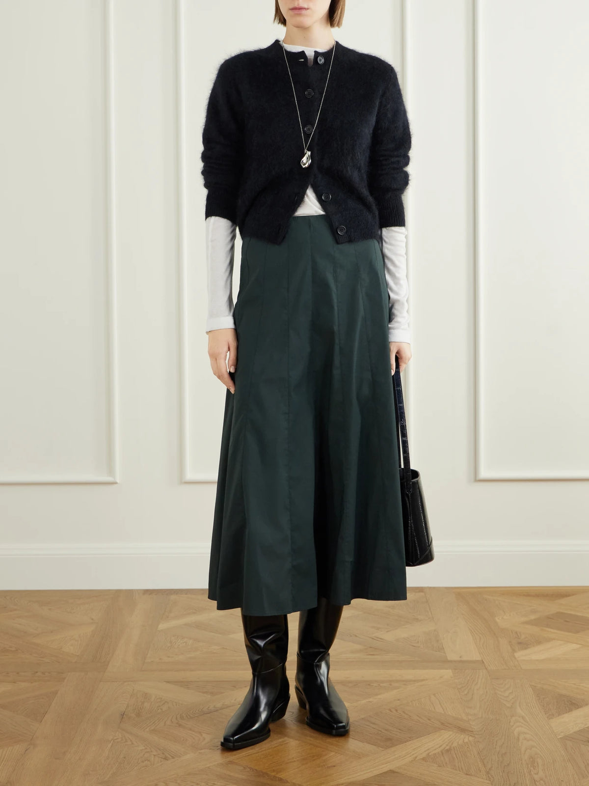 Image of a model wearing Outerwear. Product name - Azalea Brushed-cashmere Cardigan in Black colour by brand - LISA YANG