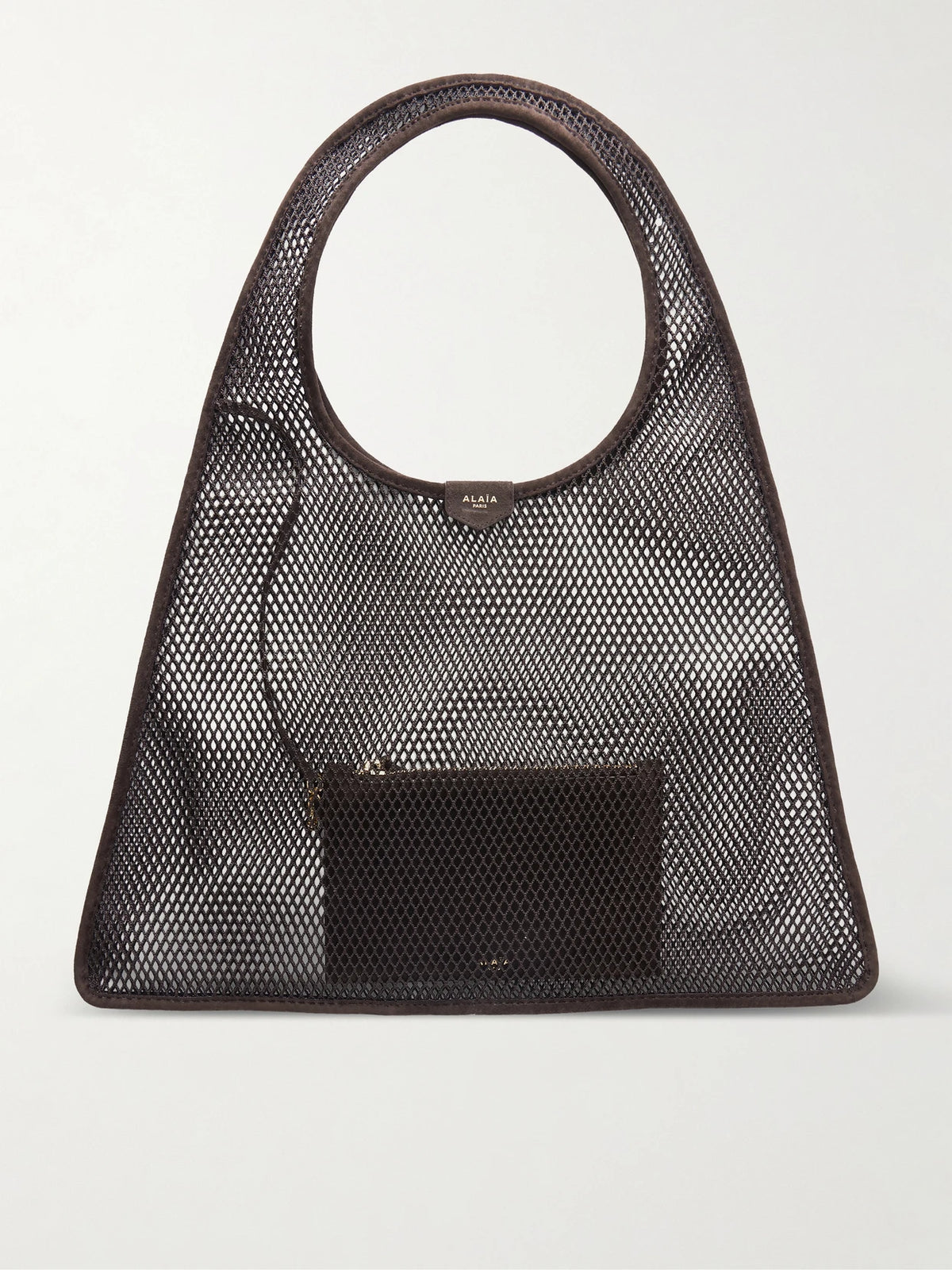 One Piece Suede-trimmed Mesh Shoulder Bag