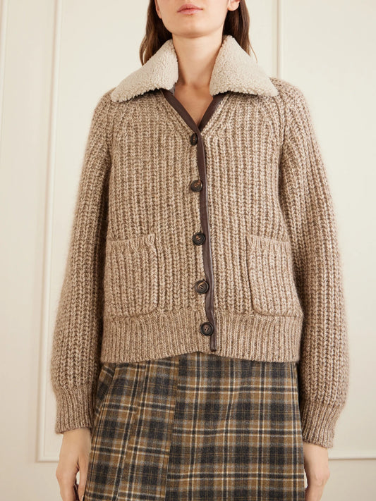 Brunello Cucinelli Rib-knitted Shearling And Leather-trimmed Cashmere-blend Cardigan