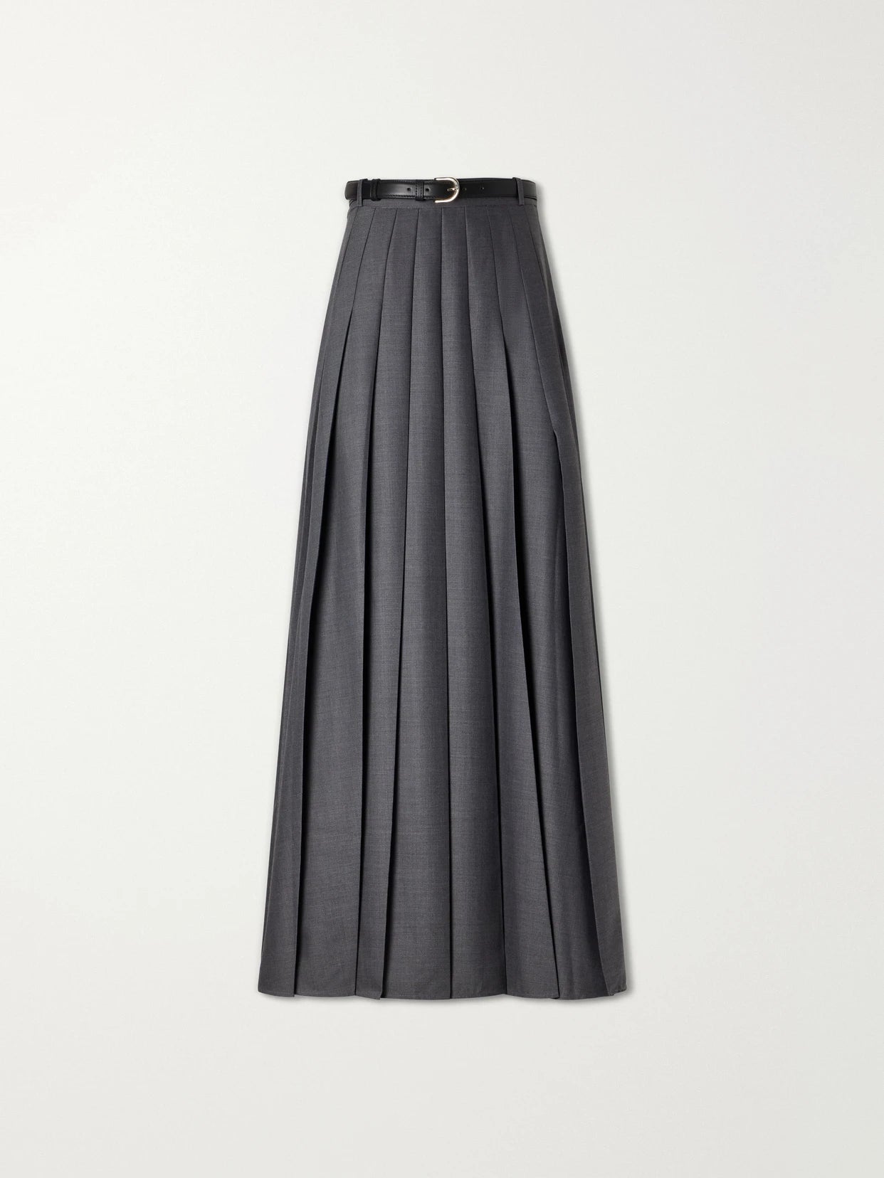 Belted Pleated Woven Grain De Poudre Maxi Skirt