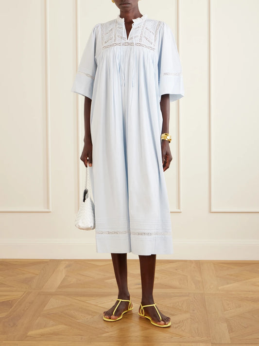 Image of Dresses. Product name - Magnolia Lace-trimmed Organic Cotton Midi Dress in Light blue colour by brand - SKALL