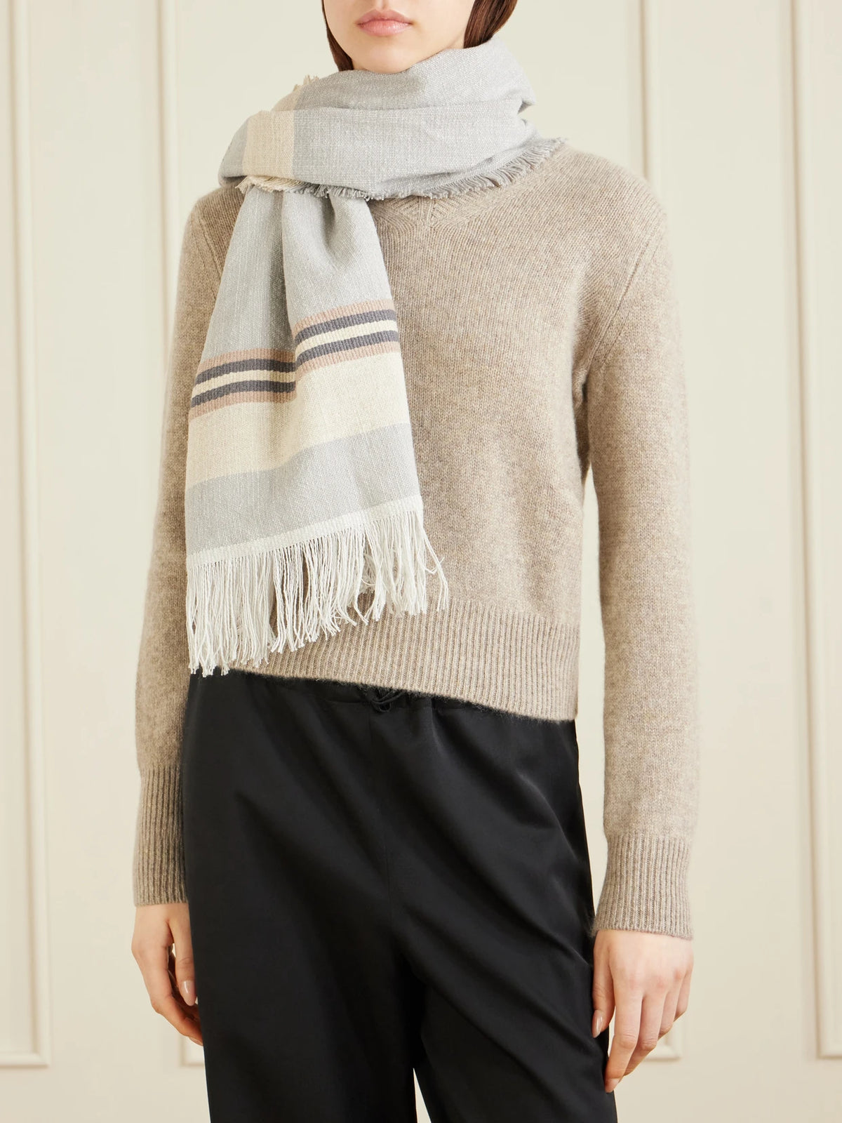 Fringed Striped Cotton And Linen-blend Scarf