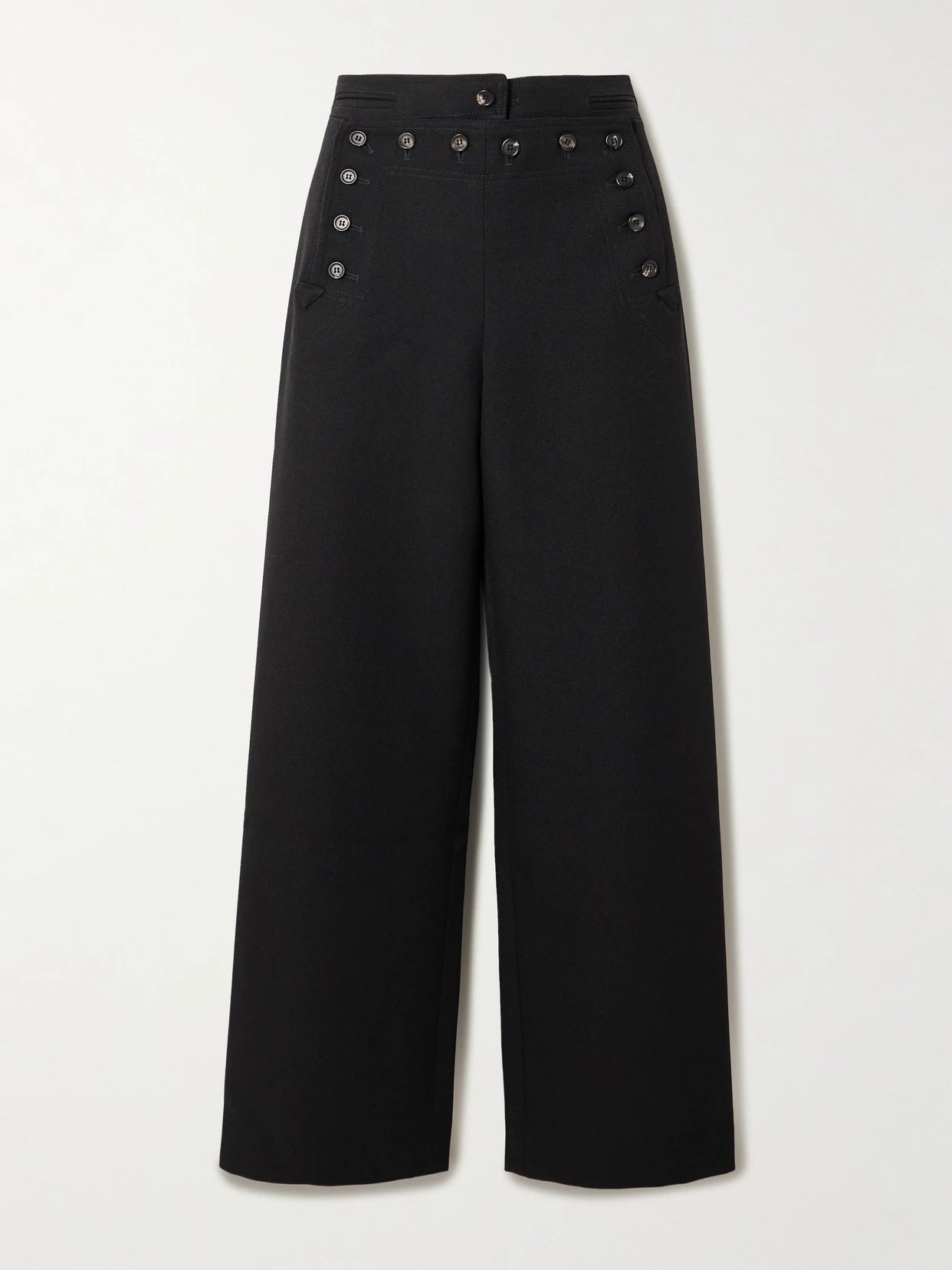 Image of a model wearing Pants. Product name - Sailor Wool-twill Straight-leg Pants in Black colour by brand - BODE