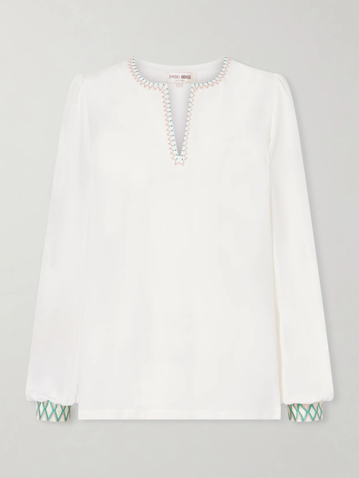 Image of a model wearing Tops. Product name - Vera Embroidered Silk-crepe Blouse in Multi colour by brand - Emporio Sirenuse