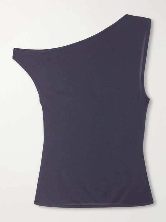Image of a model wearing Tops. Product name - Off-the-shoulder Tencel Lyocell Top in Blue colour by brand - ST. AGNI