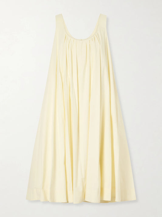 Image of Dresses. Product name - The Lennox Pleated Stretch-cotton Poplin Midi Dress in Yellow colour by brand - Brandon Maxwell
